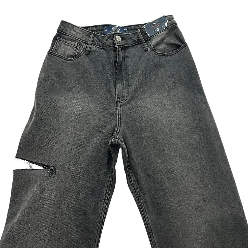 Hollister Ultra High-Rise Dad Jeans Black Straight Leg Thigh Slit Jeans Size 26 - Picture 2 of 7